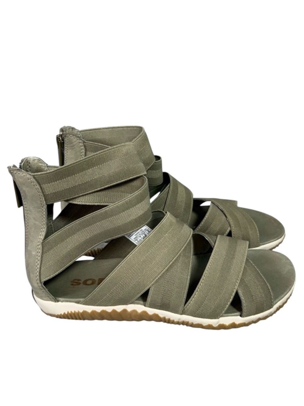 SOREL Out 'N About Olive Green Ankle Strap Back Zip Flat Sandals